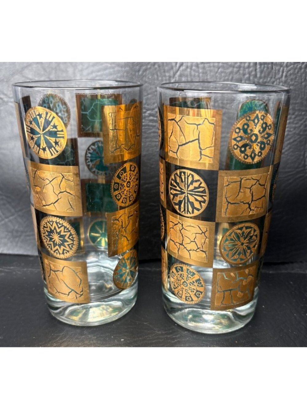 Culver Teal & Gold Carnival Highball Glass Pair 5.5" Vintage
